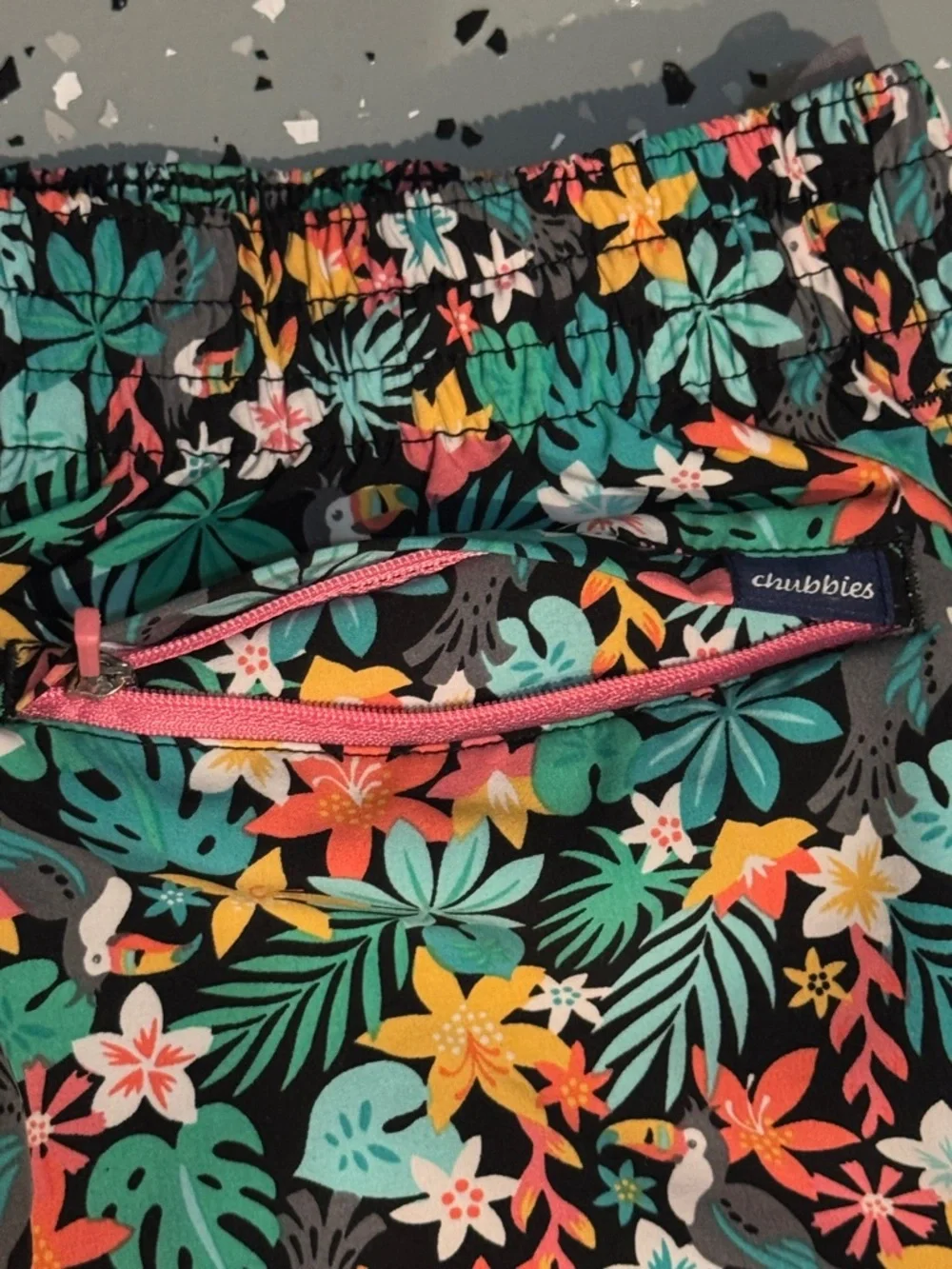 chubbies Black Tropical Swim Trunks with Pink Drawstring